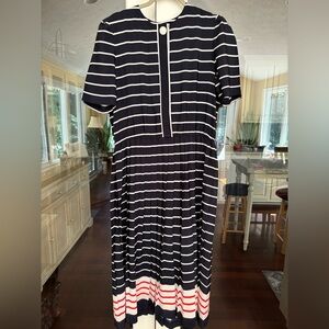 Leslie Fay Pleated Navy and White Striped Midi Dress with Red Hem Detail